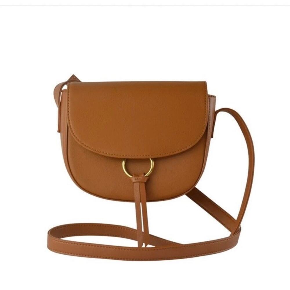 JJ Winters Ivy Crossbody Bag Cognac Leather Saddle Gold Ring